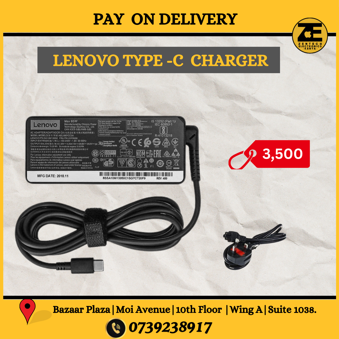 Lenovo Type-C laptop charger with USB-C connector and power cable.